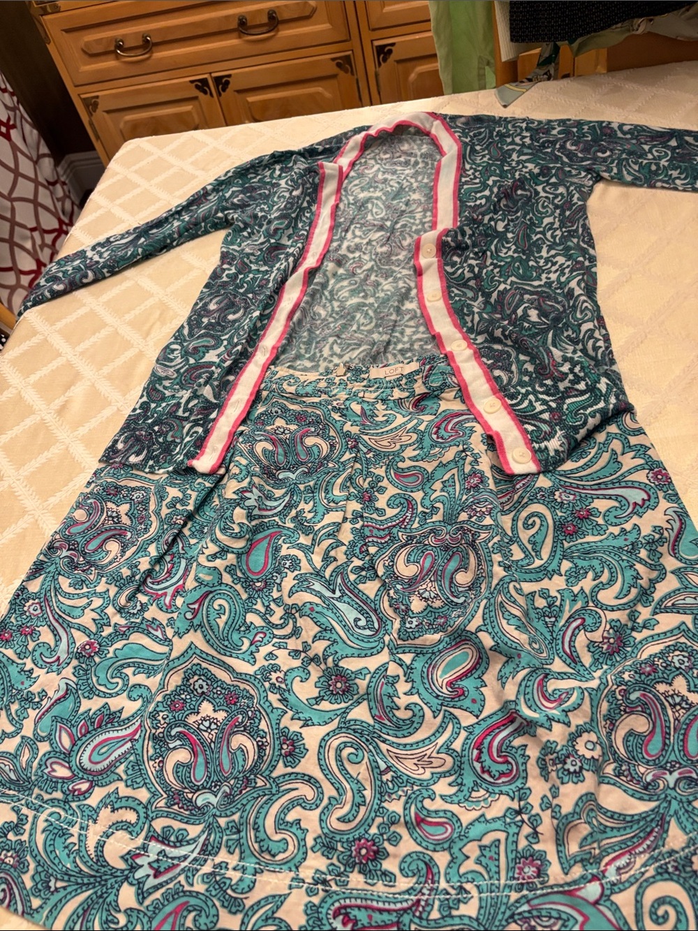 Loft Teal Paisley Pleated Skirt and Matching Long Sleeve Cardigan -